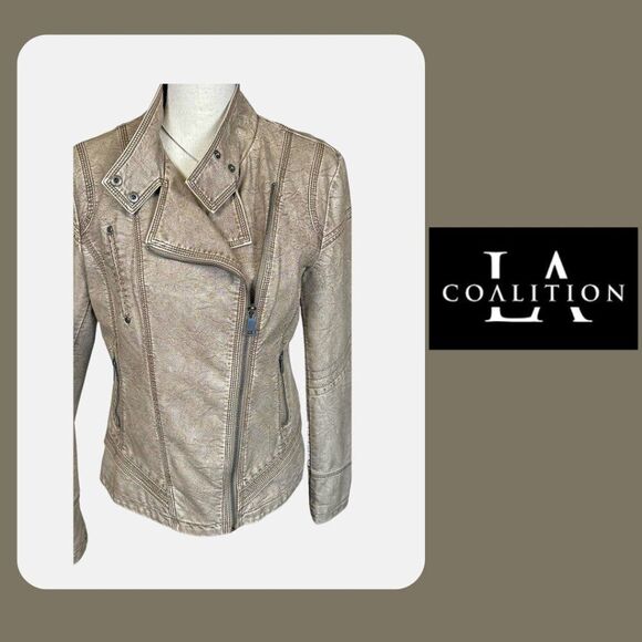 LA Coalition Grey Vegan Leather Moto Jacket Asymmetrical Zip, Bikercore, Sz. M - Picture 3 of 8